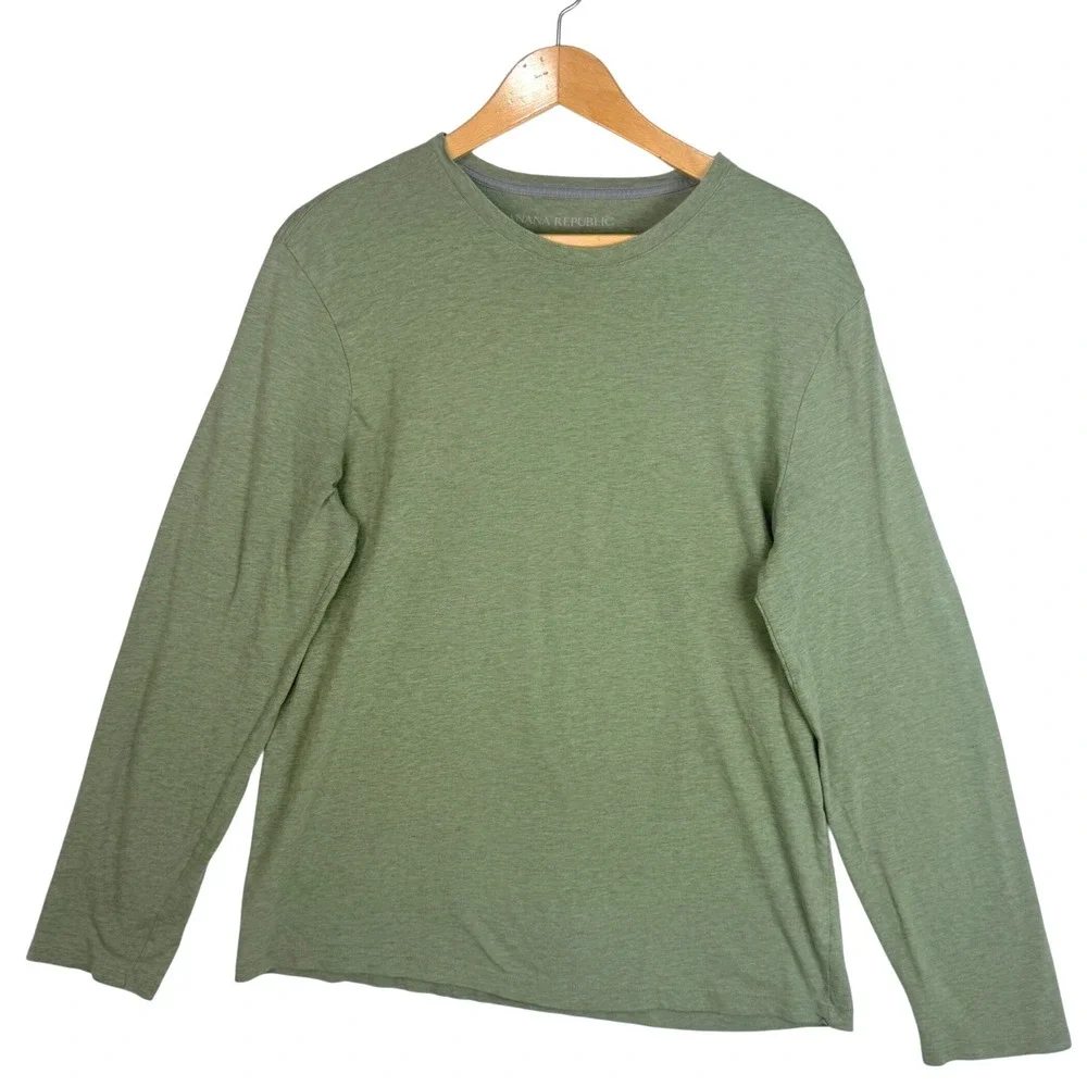 Banana Republic Mens Long Sleeve Soft Wash Tee Sage Green Heather Large Cotton